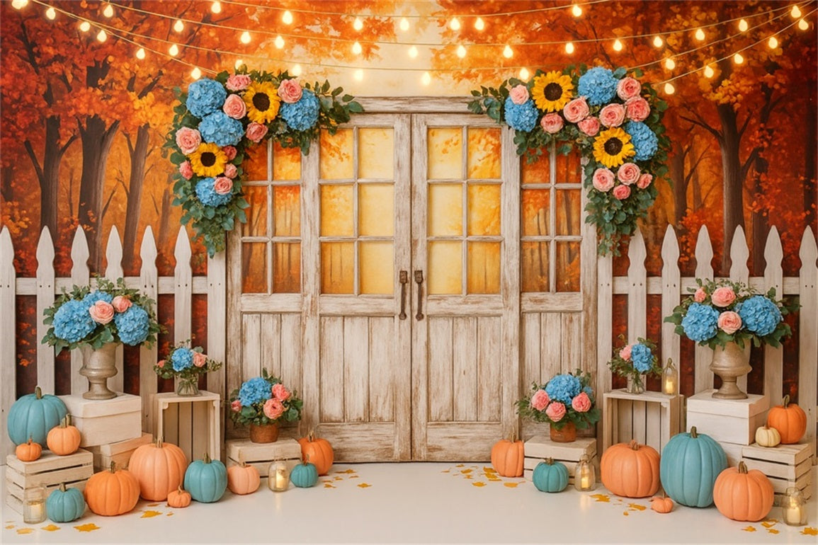 Fall Backdrop Rustic Door Floral Lights Thanksgiving Photo Backdrop LXX510-37