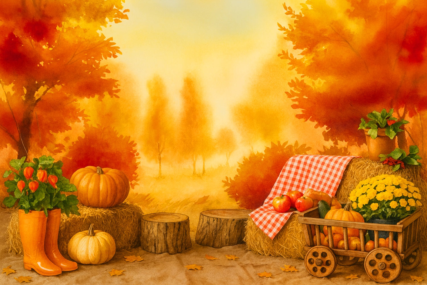 Pumpkin Photo Backdrop Golden Orchard Autumn Picnic Thanksgiving Backdrop Ideas LXX510-39