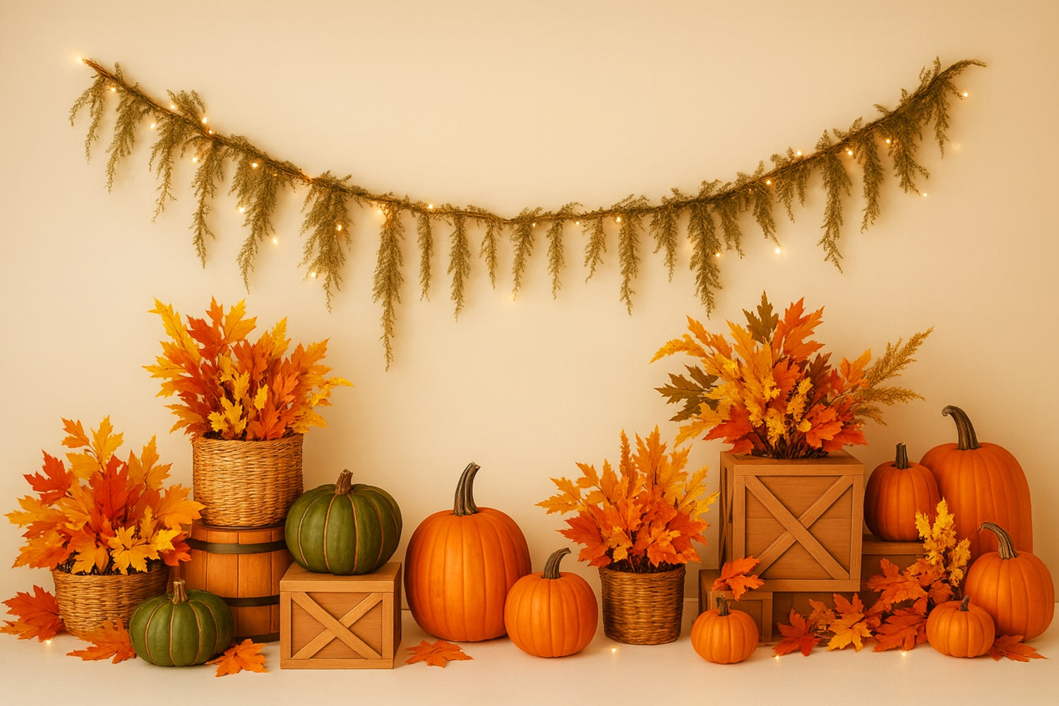 Pumpkin Backdrop Maple Leaves Cozy Arrangement Thanksgiving Photo Backdrops LXX510-40