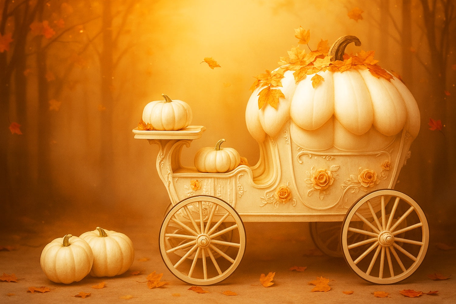 Pumpkin Photo Backdrop Pumpkin Carriage Golden Dream Happy Thanksgiving Backdrop LXX510-41