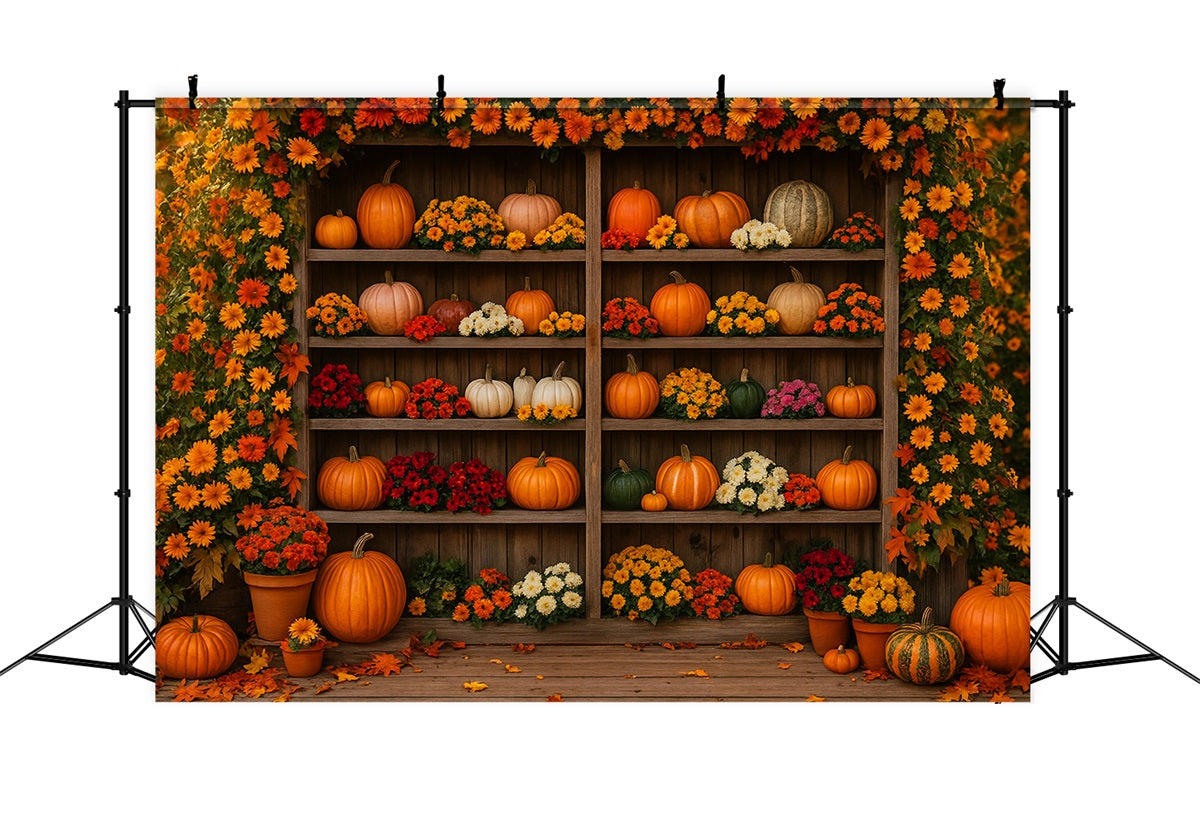 Farm Backdrop Blooming Pumpkin Floral Shelf Thanksgiving Photo Backdrop LXX510-49