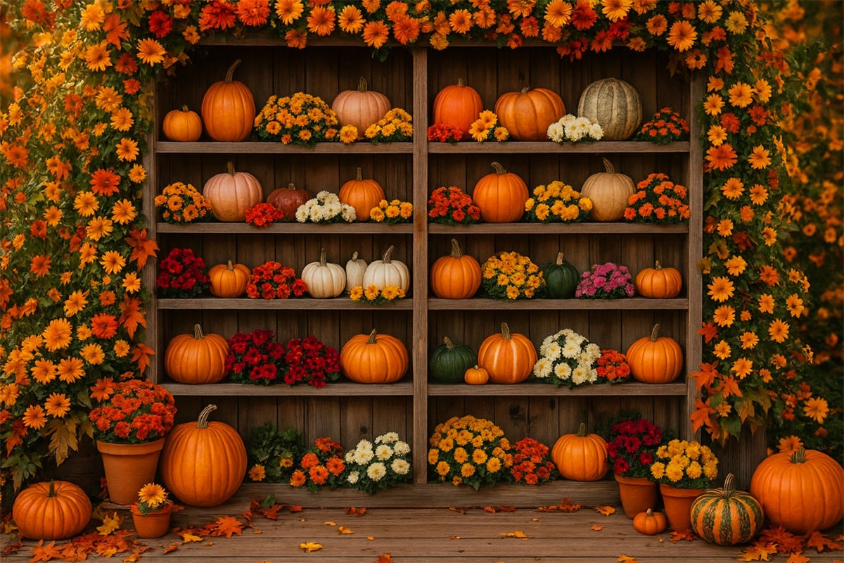 Farm Backdrop Blooming Pumpkin Floral Shelf Thanksgiving Photo Backdrop LXX510-49