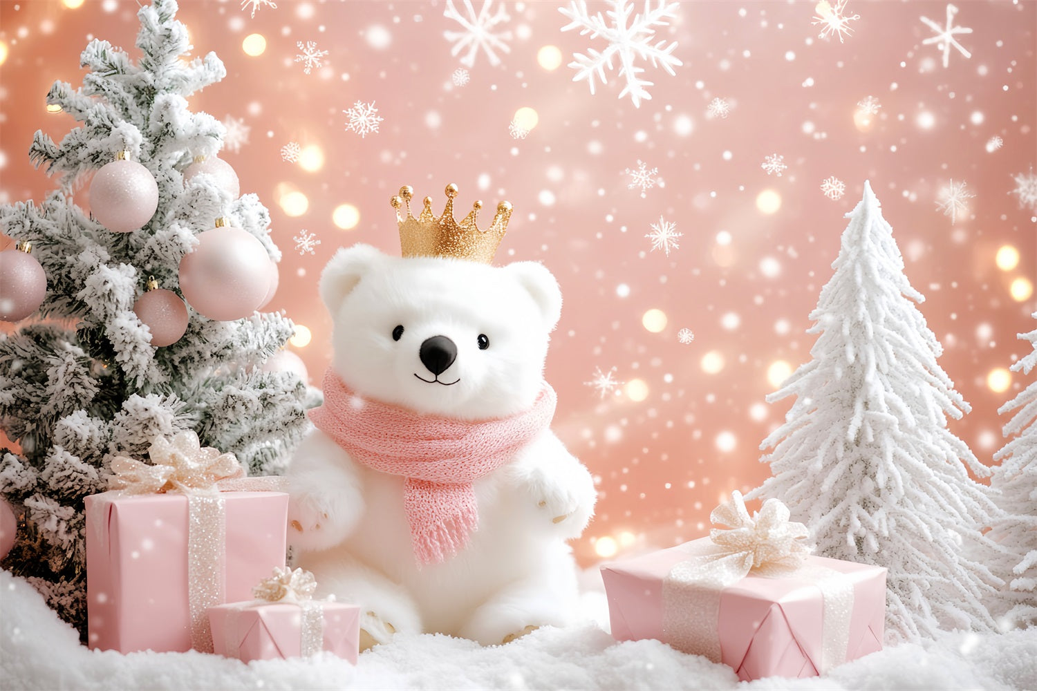 Snowflake Backdrop Pink Polar Bear Wonderland Winter Photography Backdrops LXX510-56
