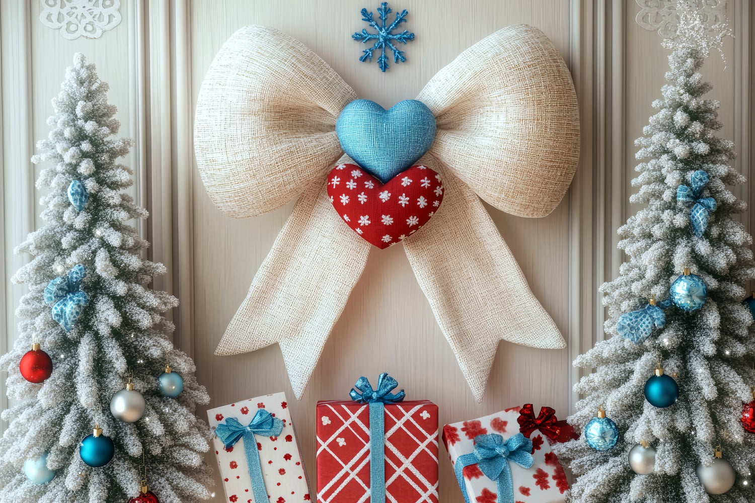 Winter Backdrop Frosted Trees Heart Ribbon Winter Photo Backdrop LXX510-57