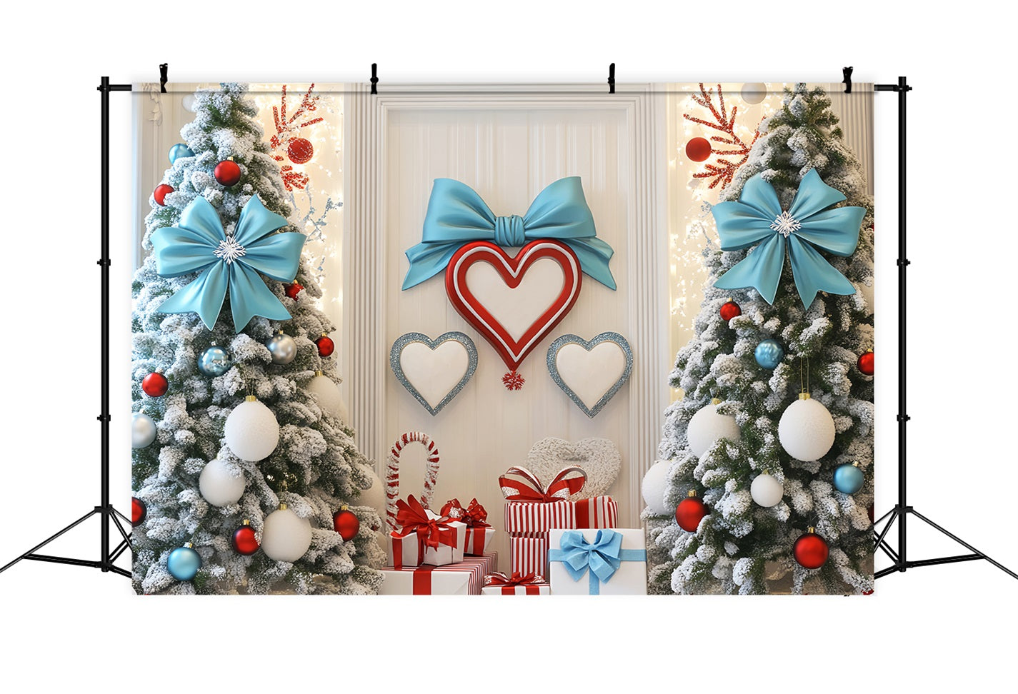 Winter Photo Backdrop Blue Bow Holiday Hearts Winter Backdrops LXX510-58