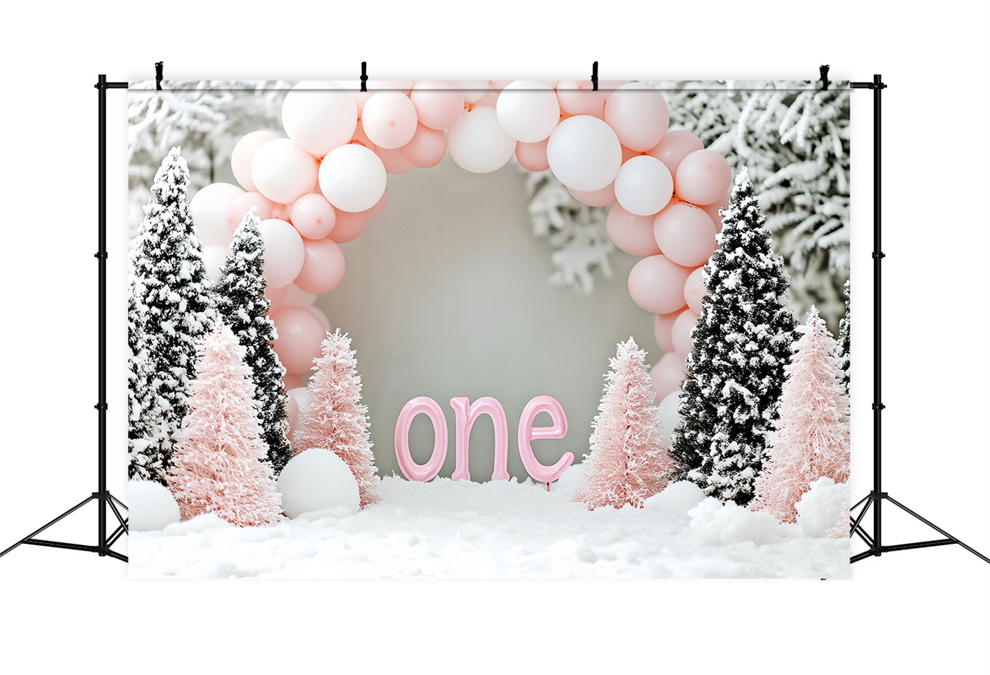 Winter Snow Backdrop Pink Balloon Birthday Wonderland Winter Backdrops LXX510-63