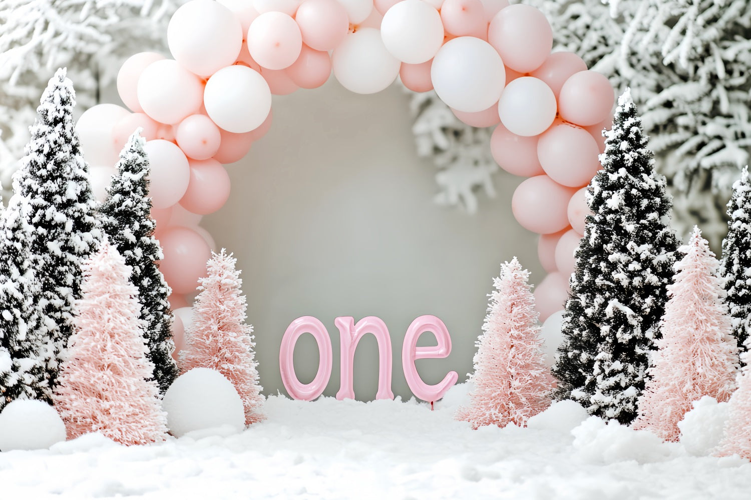 Winter Snow Backdrop Pink Balloon Birthday Wonderland Winter Backdrops LXX510-63