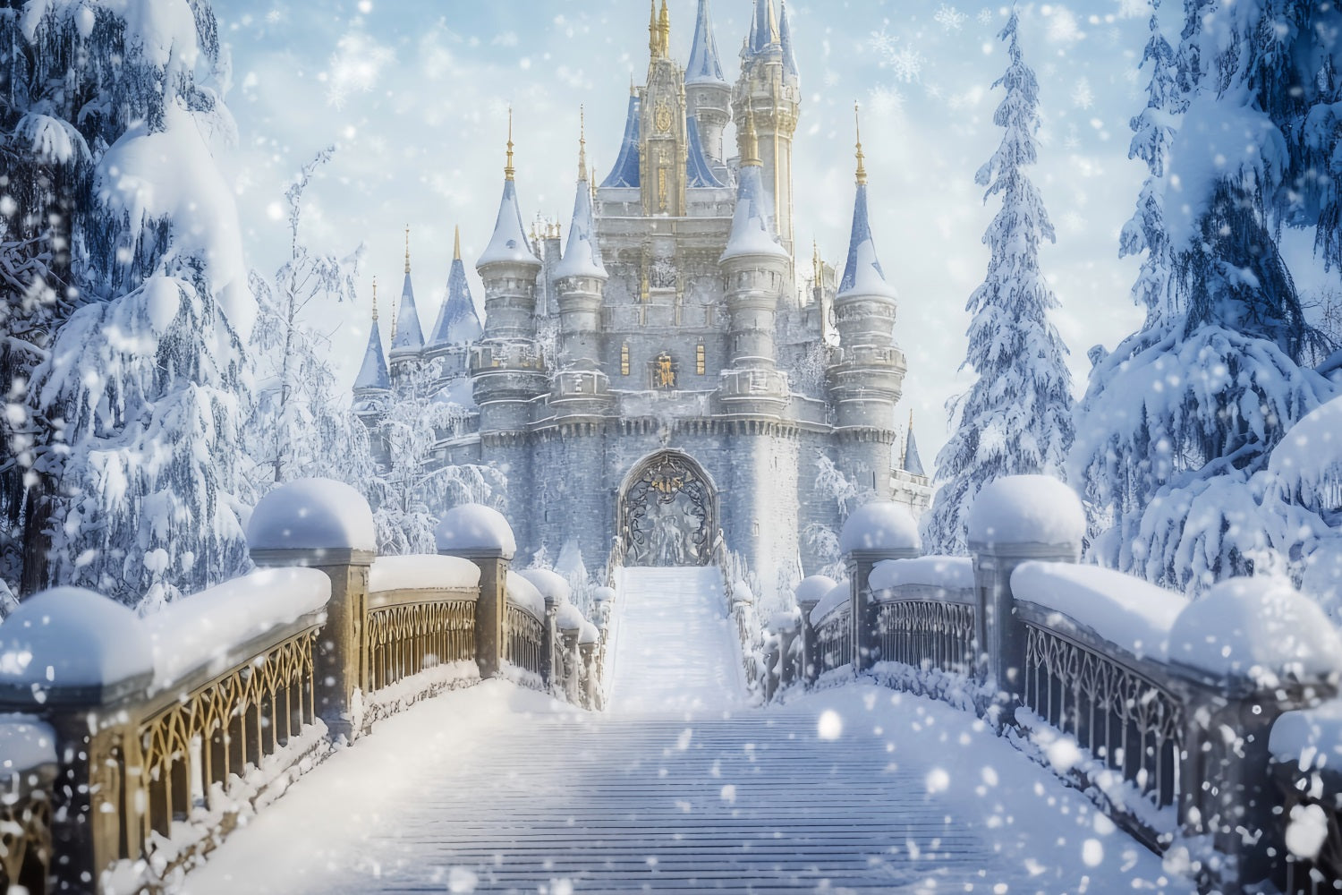 Wonderland Backdrop Snowy Castle Bridge Fantasy Winter Photography Backdrops LXX510-64