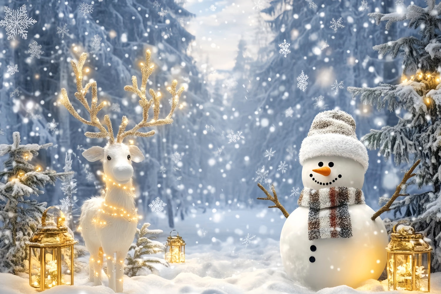 Wonderland Backdrop Snowman Reindeer Forest Glow Winter Photo Backdrops LXX510-65