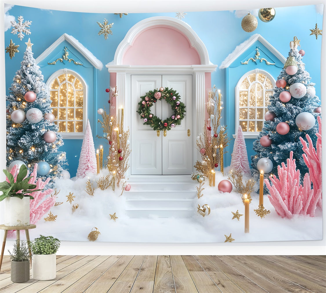Winter Backdrop Pink Blue Christmas Snow Door Winter Photography Backdrops LXX510-66