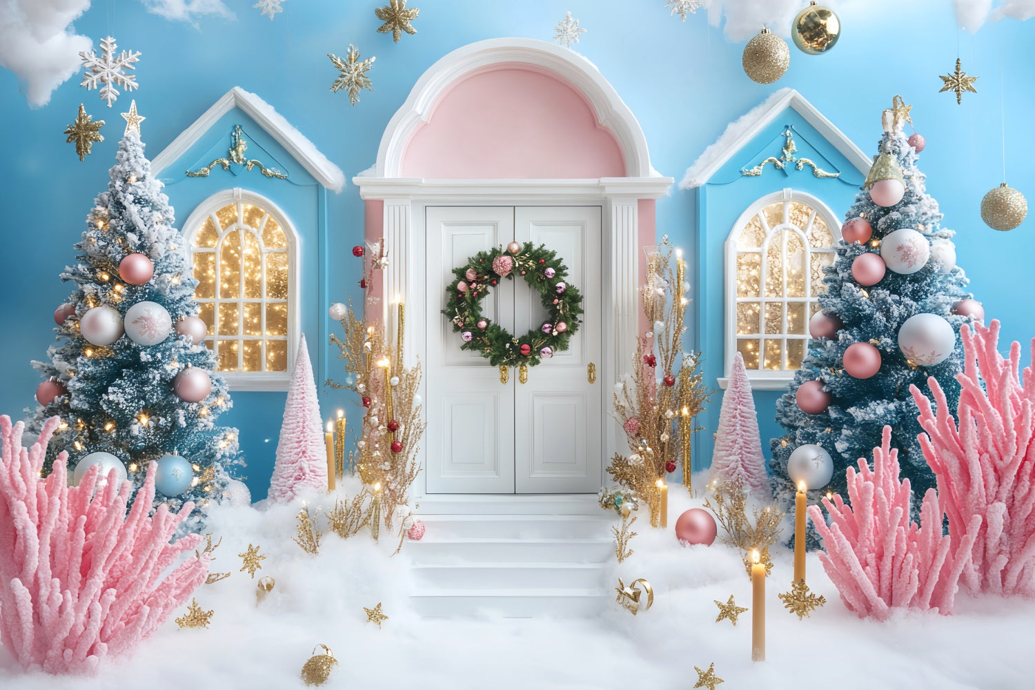 Winter Backdrop Pink Blue Christmas Snow Door Winter Photography Backdrops LXX510-66