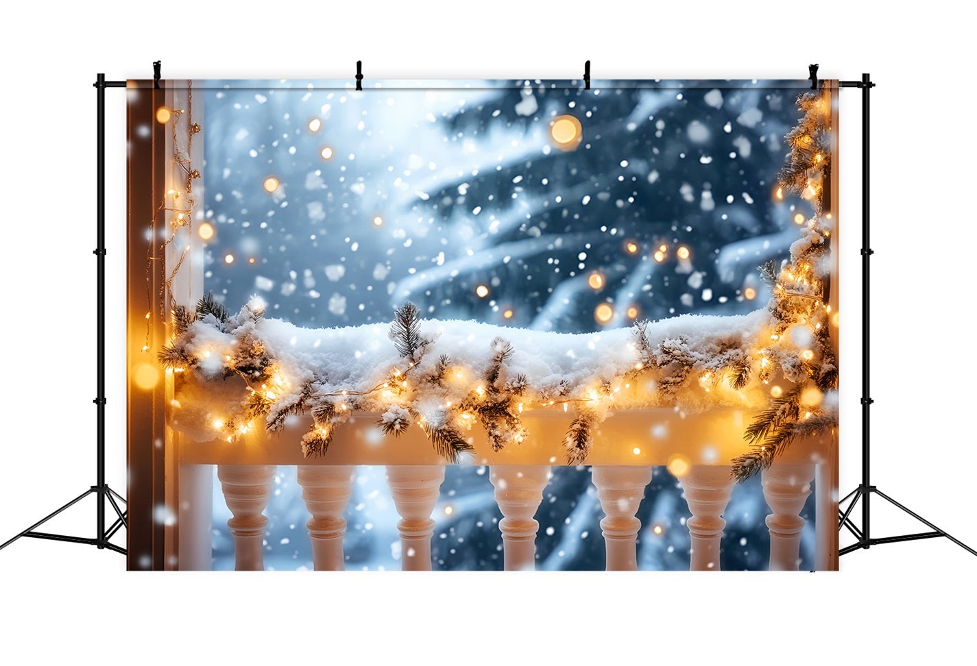 Winter Snow Backdrop Snowy Balcony Golden Lights Winter Backdrops LXX510-73