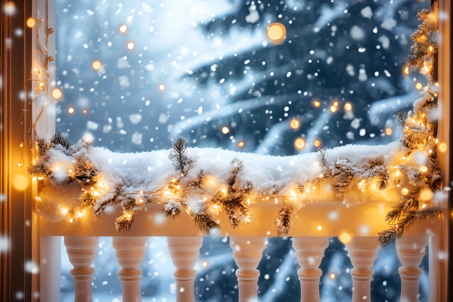 Winter Snow Backdrop Snowy Balcony Golden Lights Winter Backdrops LXX510-73