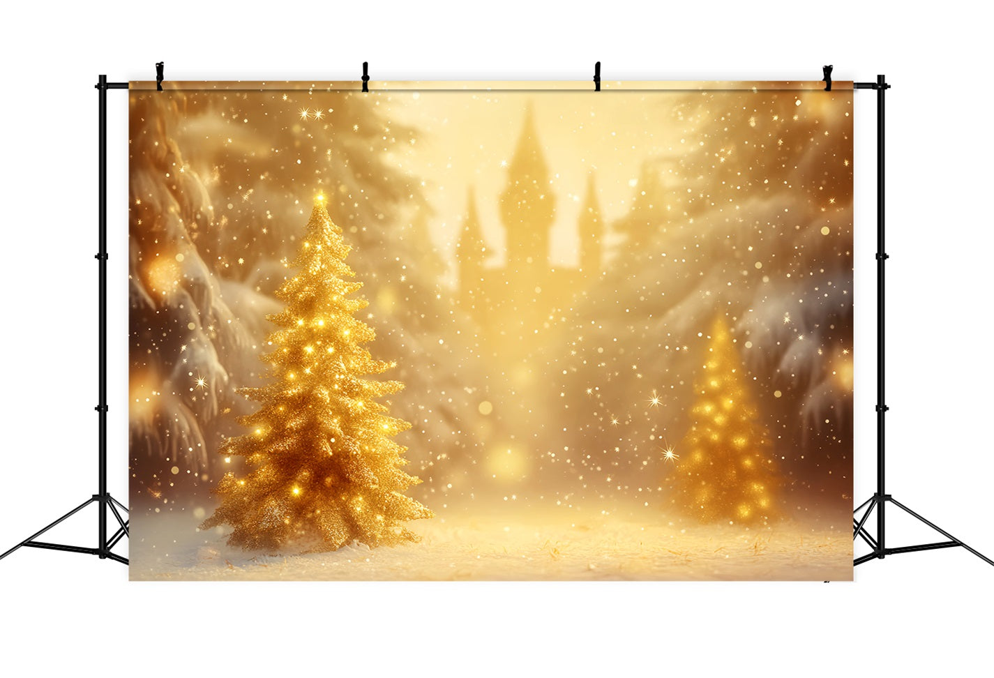 Winter Forest Backdrop Golden Christmas Tree Glow Winter Photo Backdrops LXX510-74