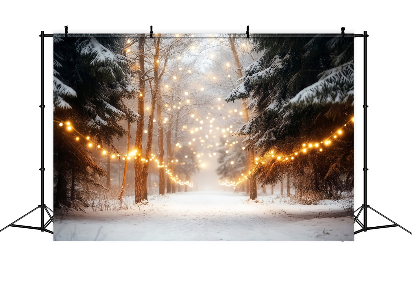 Winter Forest Backdrop Snowy Forest String Lights Winter Photo Backdrops LXX510-75