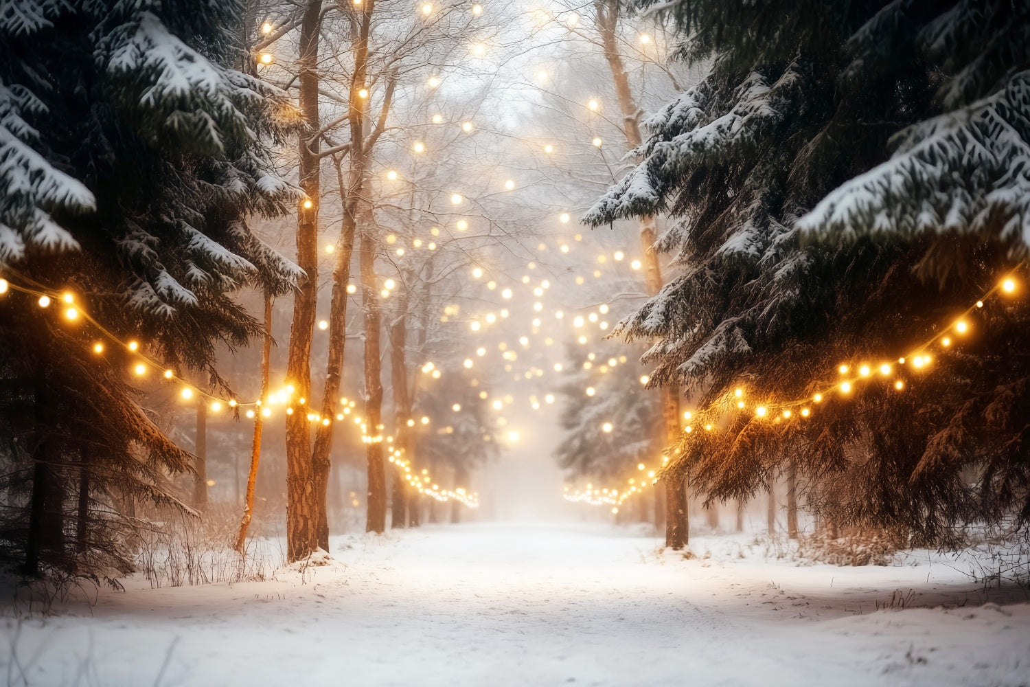 Winter Forest Backdrop Snowy Forest String Lights Winter Photo Backdrops LXX510-75