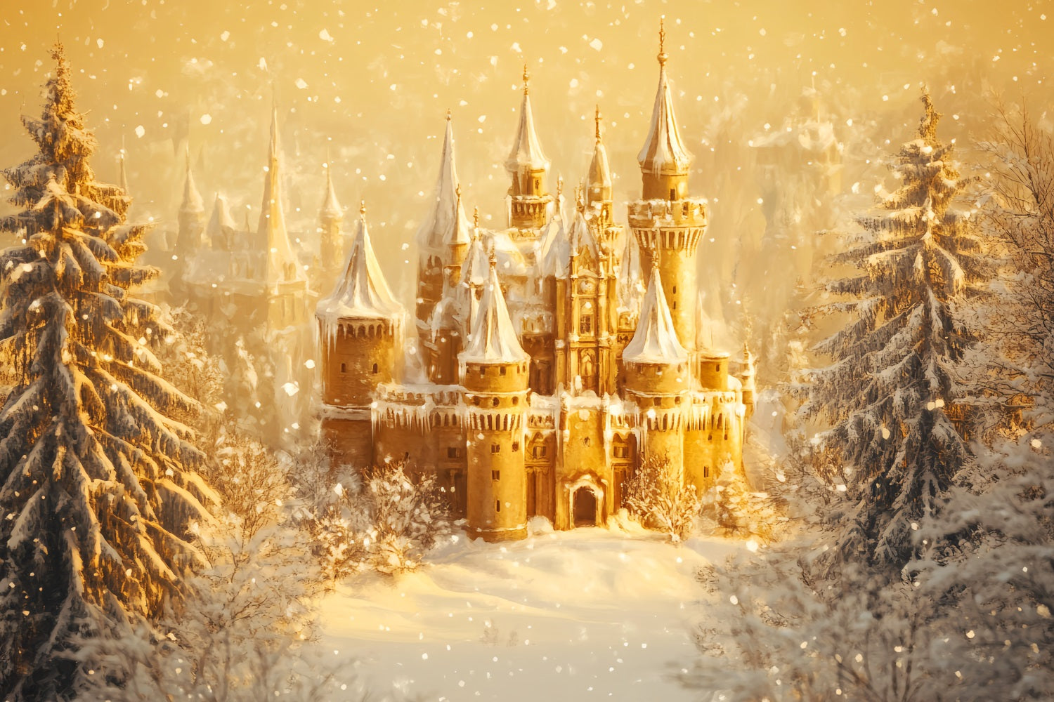 Winter Wonderland Backdrop Golden Twilight Ice Castle Winter Photo Backdrops LXX510-79