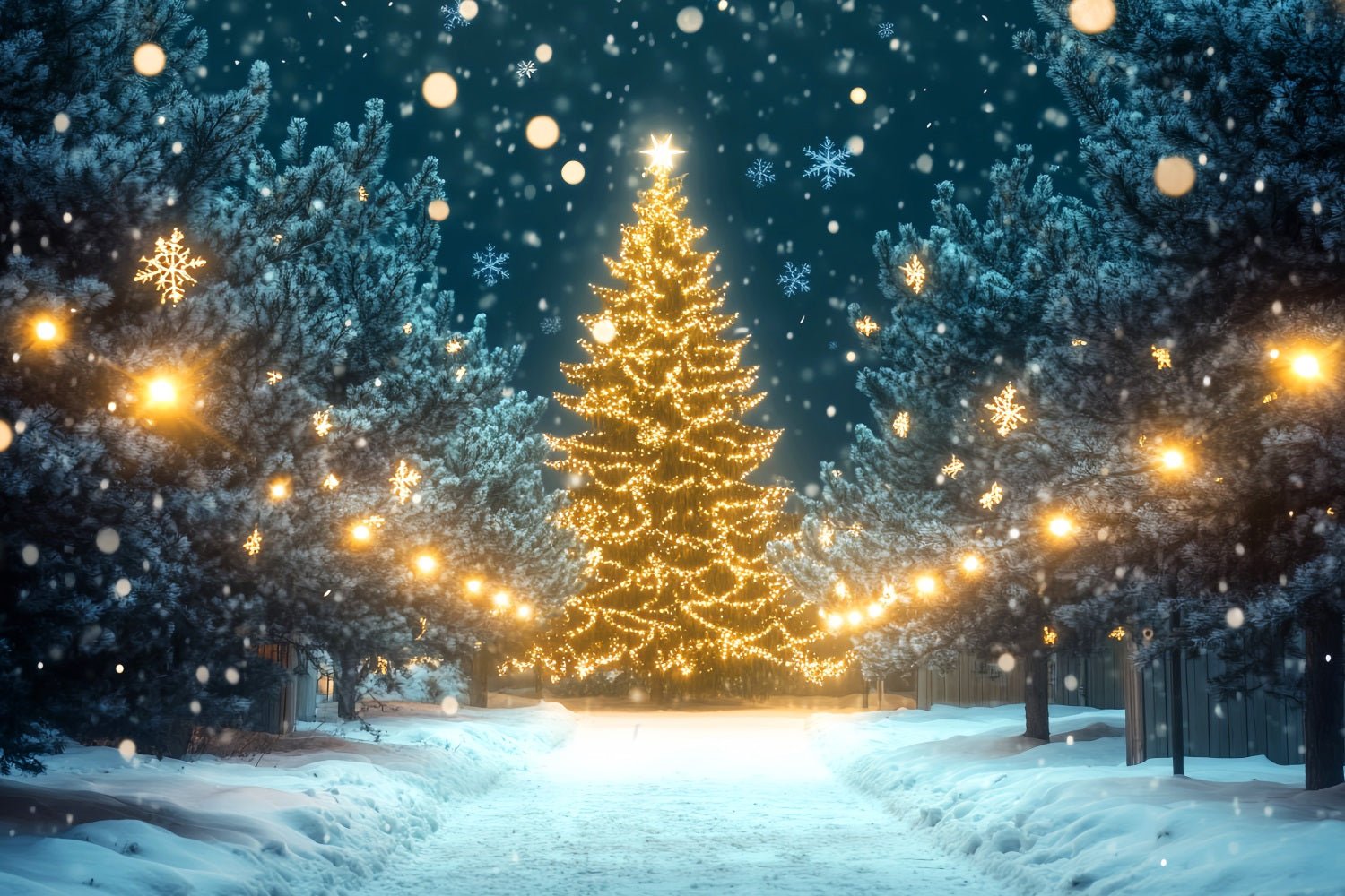 Winter Wonderland Backdrop Christmas Tree Light Pathway Winter Backdrops LXX510-81