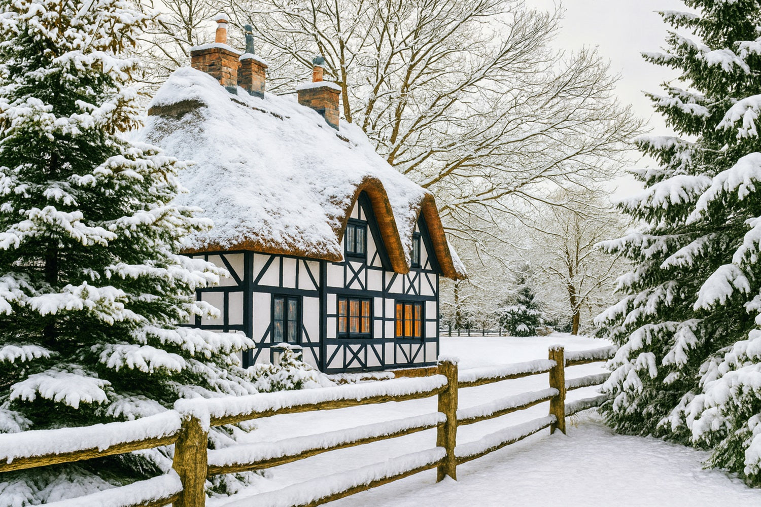 Winter Wonderland Backdrop Snow Cottage Pine Forest Winter Backdrop LXX510-82