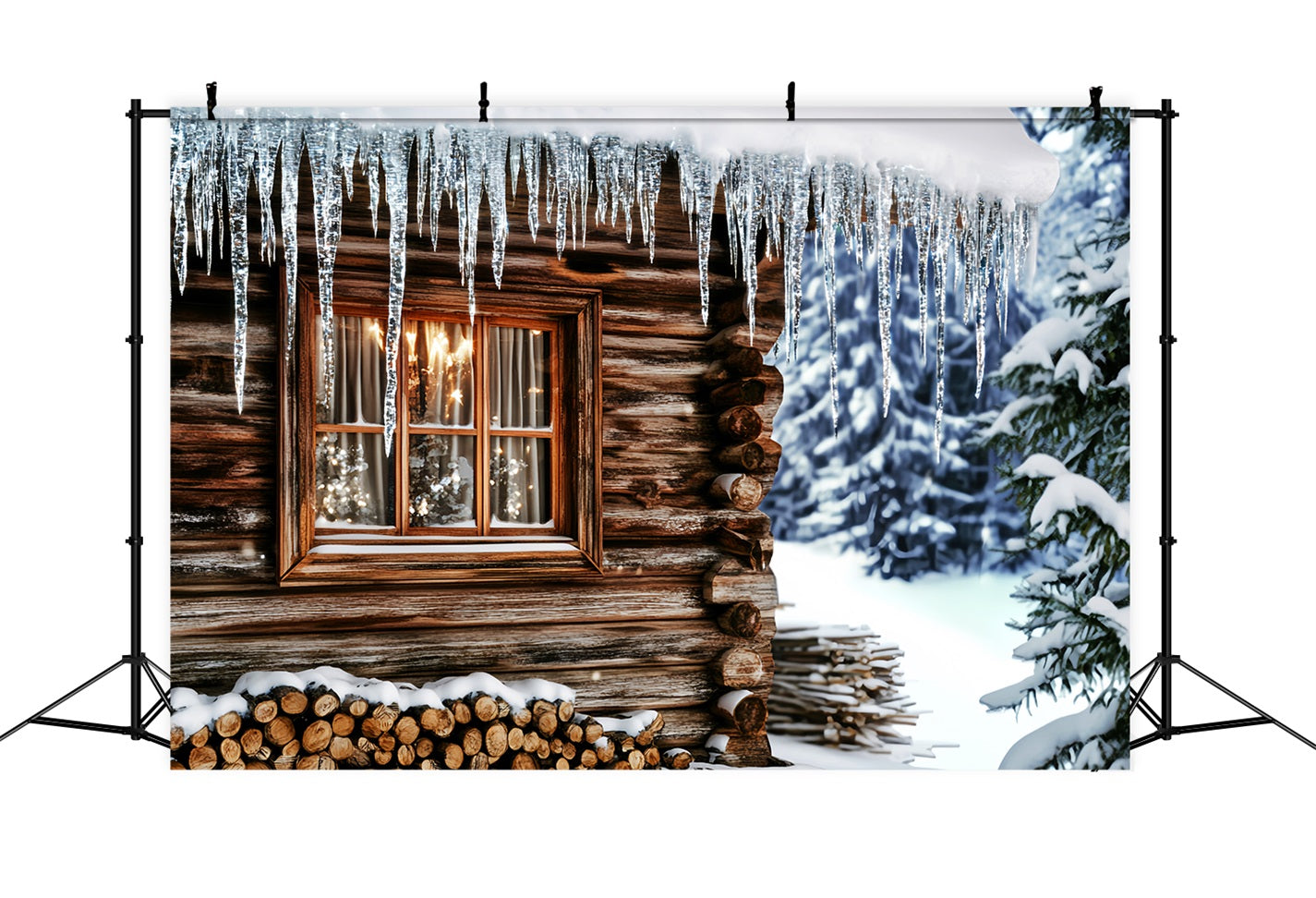 Winter Photo Backdrop Cozy Cabin Icicle Window Winter Backdrop LXX510-84