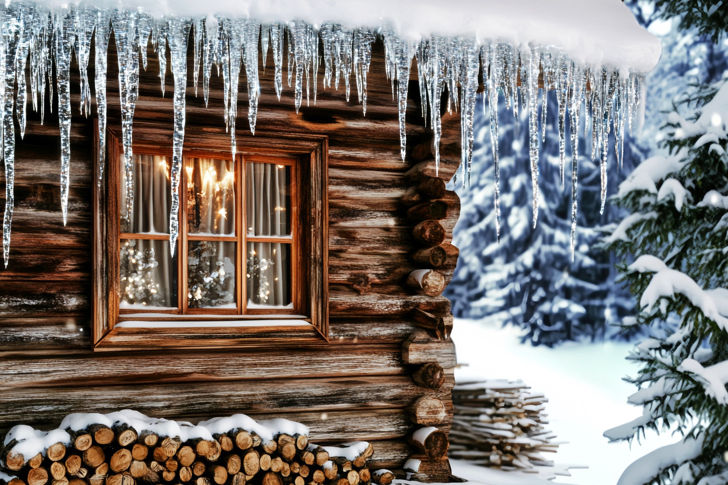 Winter Photo Backdrop Cozy Cabin Icicle Window Winter Backdrop LXX510-84