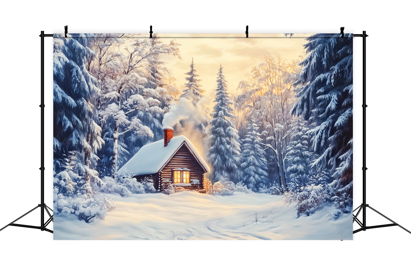 Winter Wonderland Backdrop Snow Cabin Forest Glow Winter Photo Backdrops LXX510-85