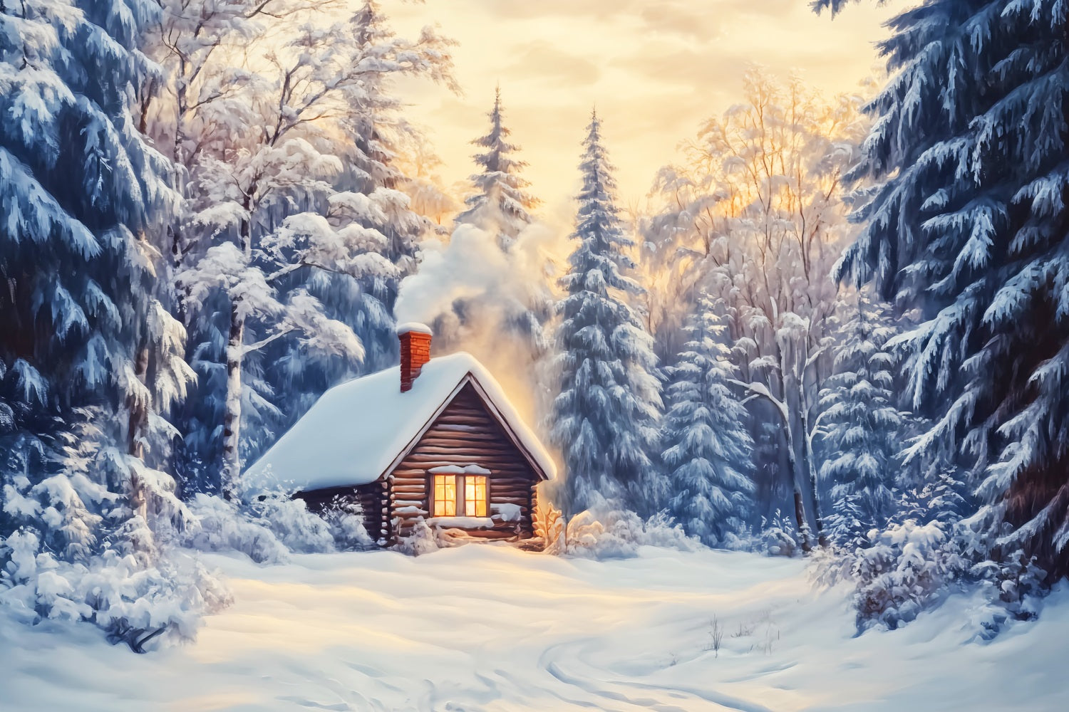Winter Wonderland Backdrop Snow Cabin Forest Glow Winter Photo Backdrops LXX510-85
