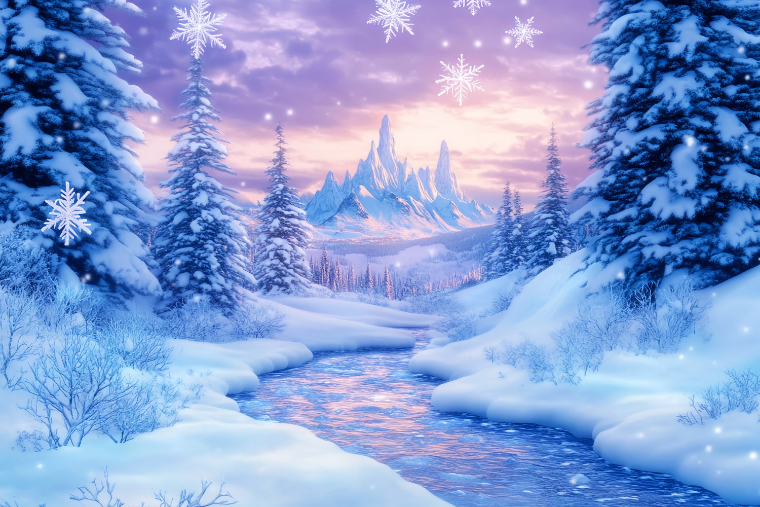 Wonderland Backdrop Frozen River Mountain Twilight Winter Photo Backdrops LXX510-86