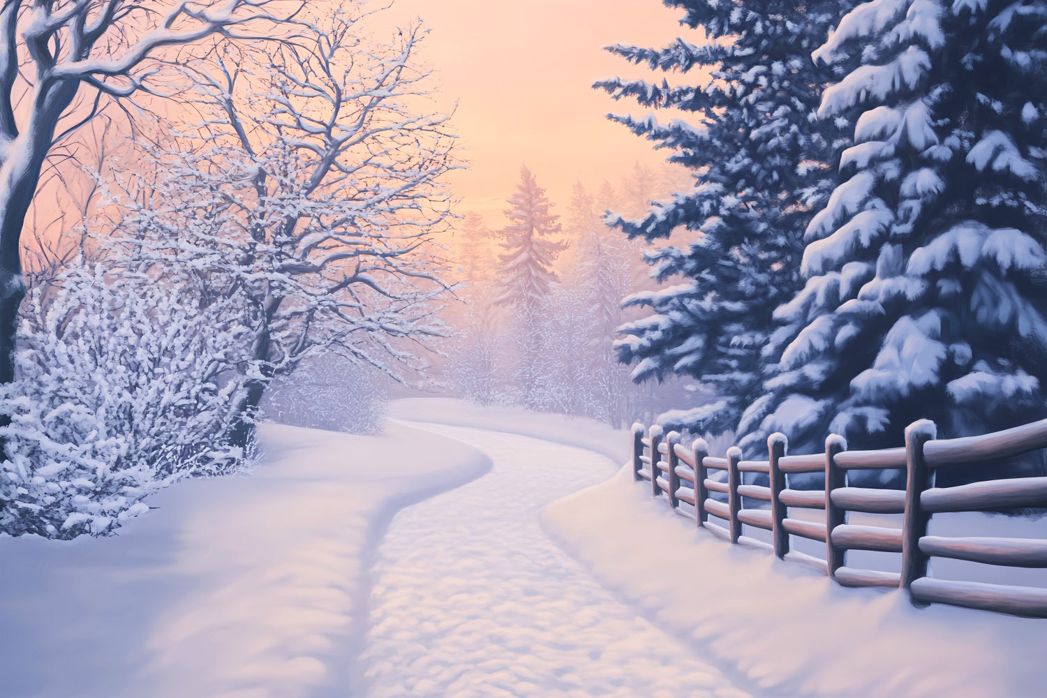 Wonderland Backdrop Snowy Path Golden Pines Winter Backdrop For Photog
