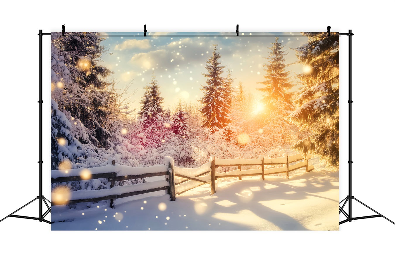 Wonderland Backdrop Sparkling Sunset Snow Fence Winter Photo Backdrops LXX510-99