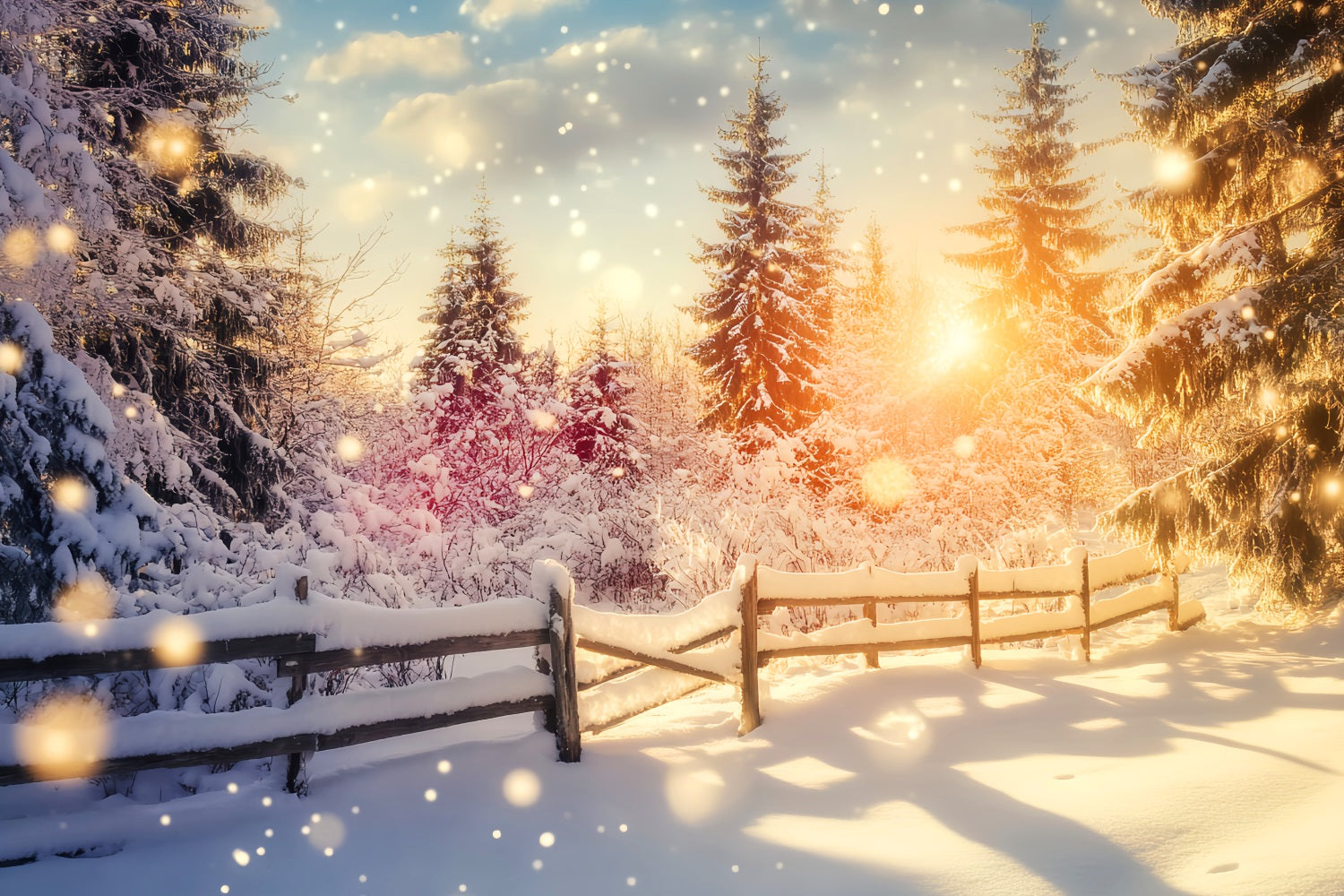 Wonderland Backdrop Sparkling Sunset Snow Fence Winter Photo Backdrops LXX510-99