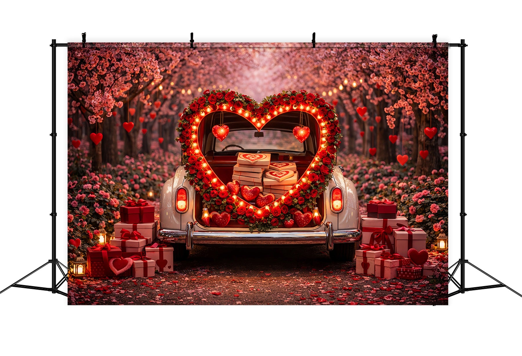 Gift Box Valentine Backdrop Heart Trunk Blossom Red Rose Heart Backdrop LXX512-100