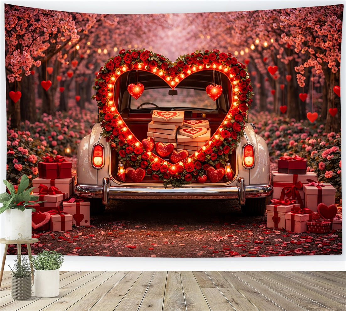 Gift Box Valentine Backdrop Heart Trunk Blossom Red Rose Heart Backdrop LXX512-100