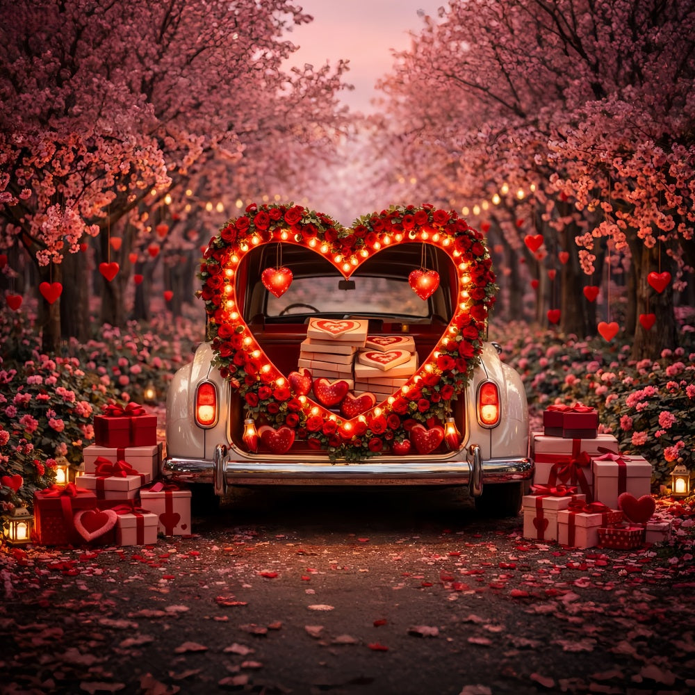 Gift Box Valentine Backdrop Heart Trunk Blossom Red Rose Heart Backdrop LXX512-100
