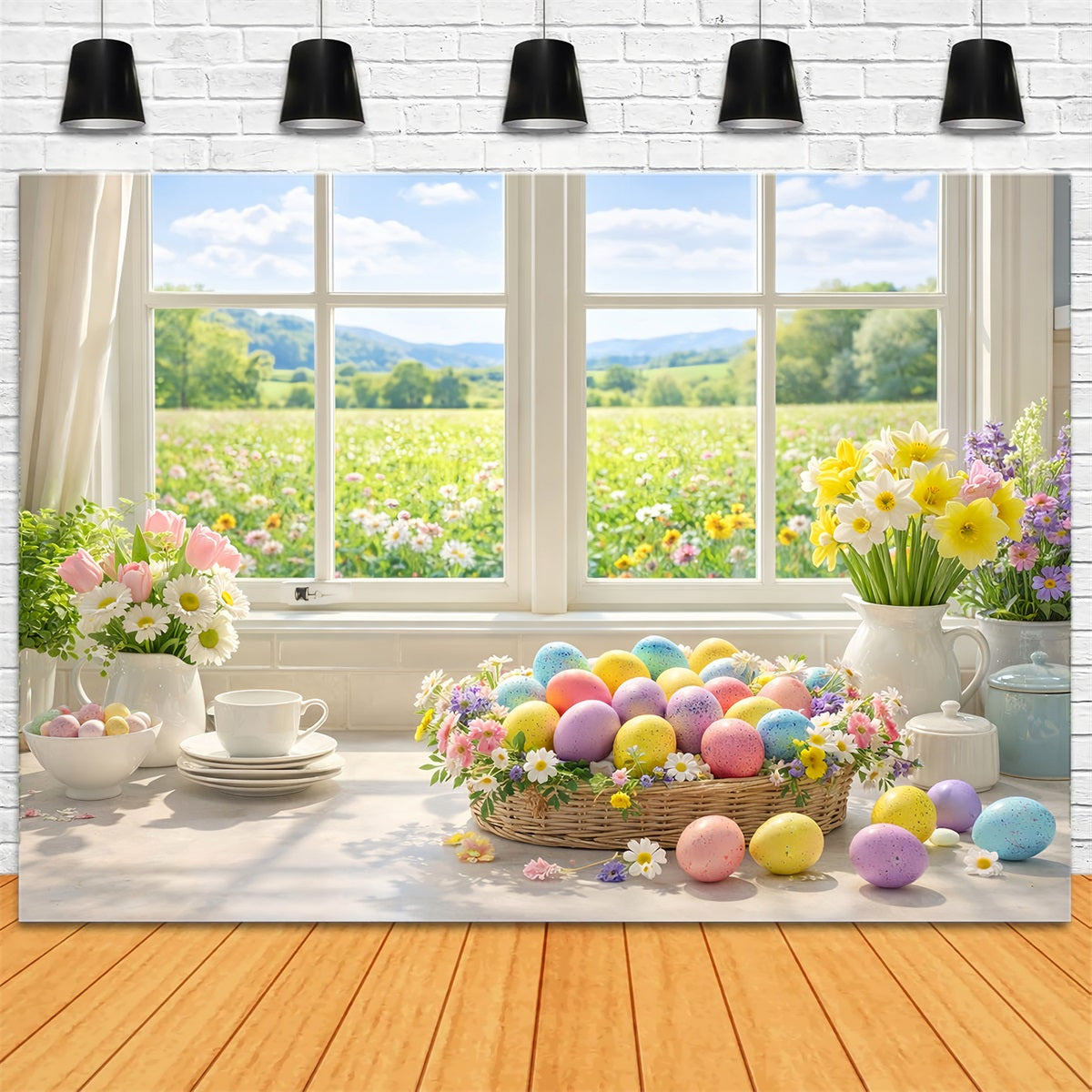 Easter Egg Backdrop Spring Window Basket Daisies Tulip Backdrop LXX512-102