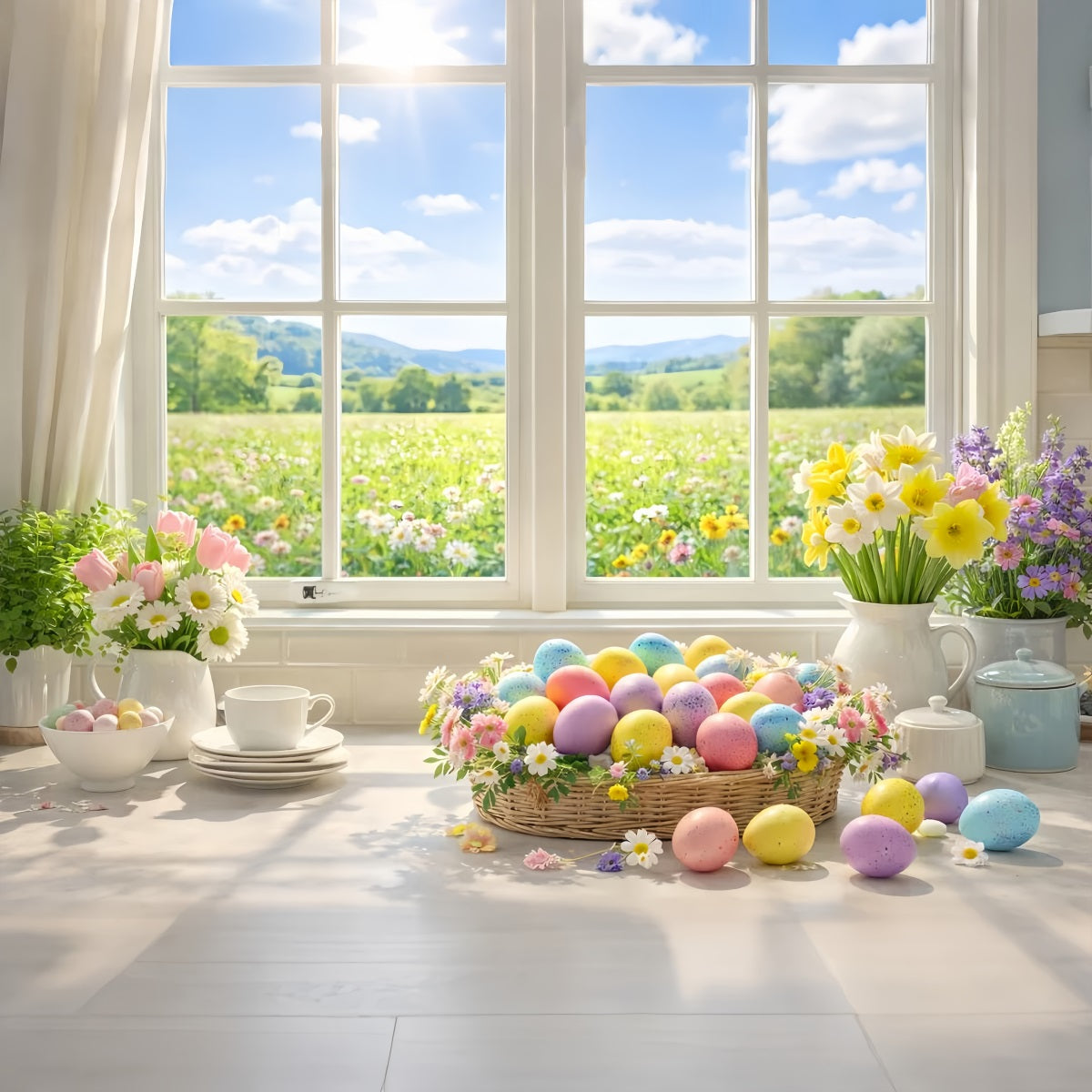 Easter Egg Backdrop Spring Window Basket Daisies Tulip Backdrop LXX512-102