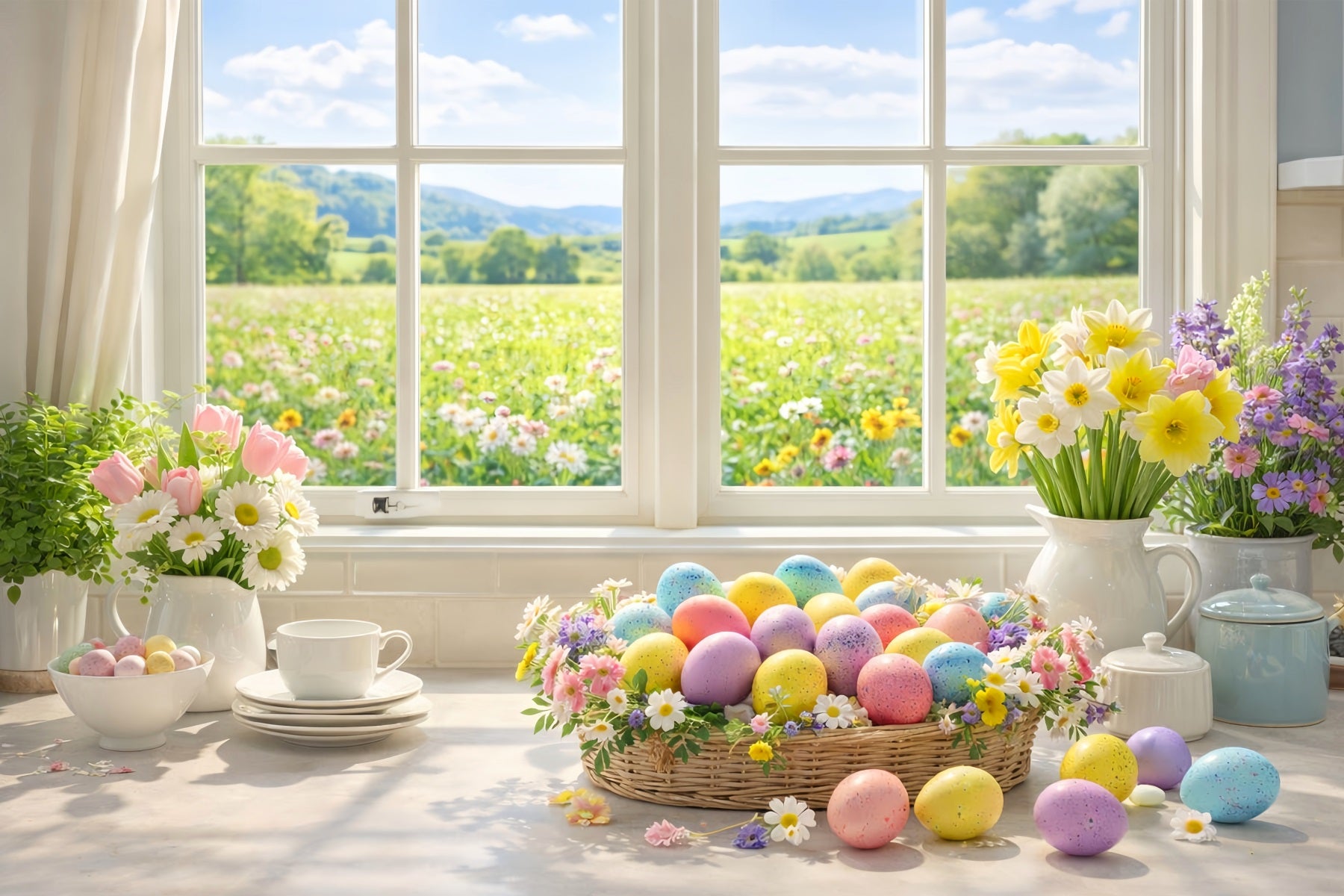 Easter Egg Backdrop Spring Window Basket Daisies Tulip Backdrop LXX512-102