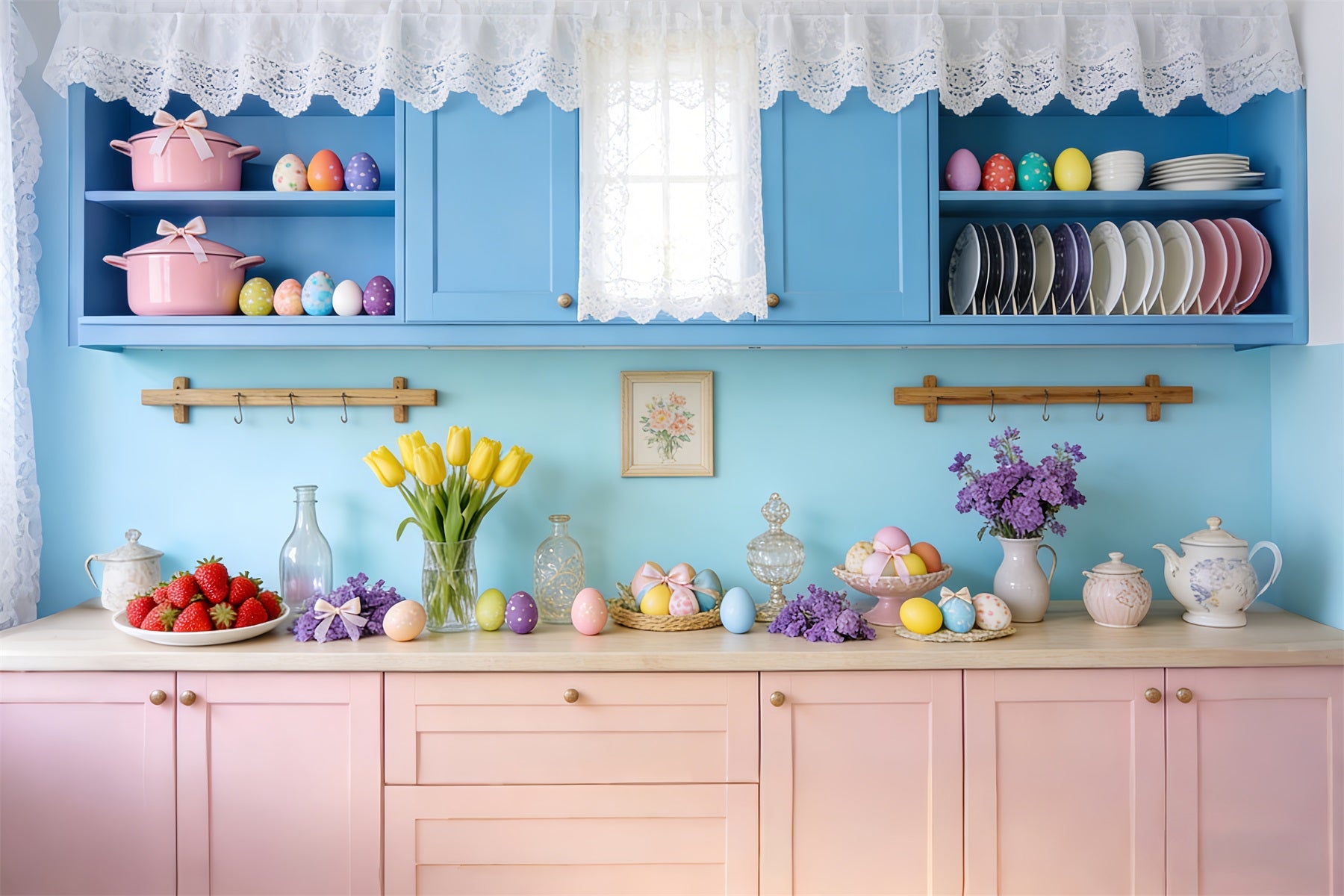 Rustic Easter Backdrop Vintage Blue Kitchen Egg Easter Photo Backdrop LXX512-104
