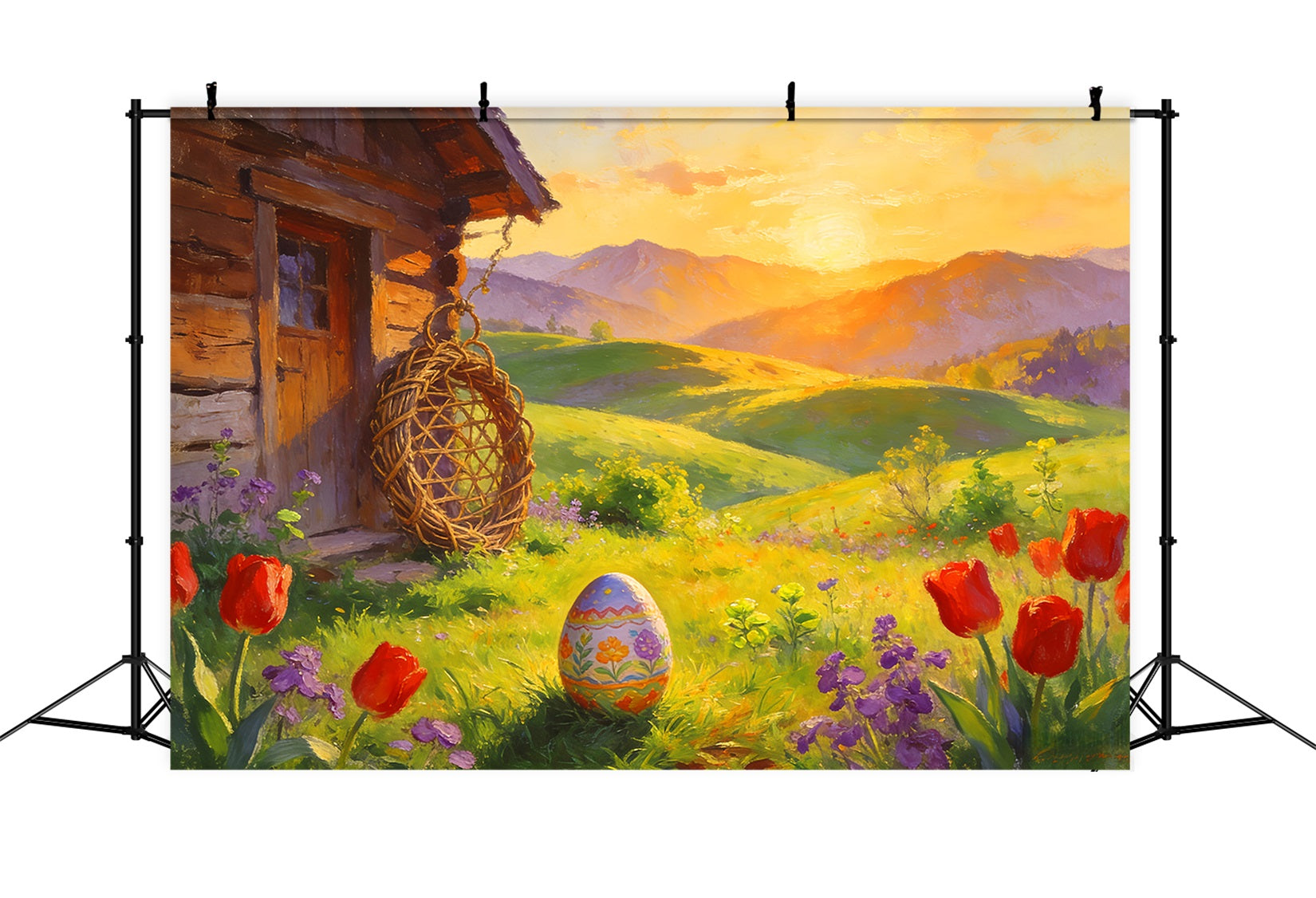 Easter Egg Hunt Backdrop Painted Cottag Sunrise Meadow Tulip Backdrop LXX512-106