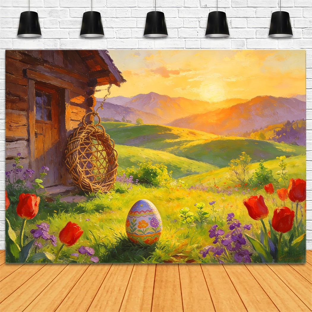 Easter Egg Hunt Backdrop Painted Cottag Sunrise Meadow Tulip Backdrop LXX512-106