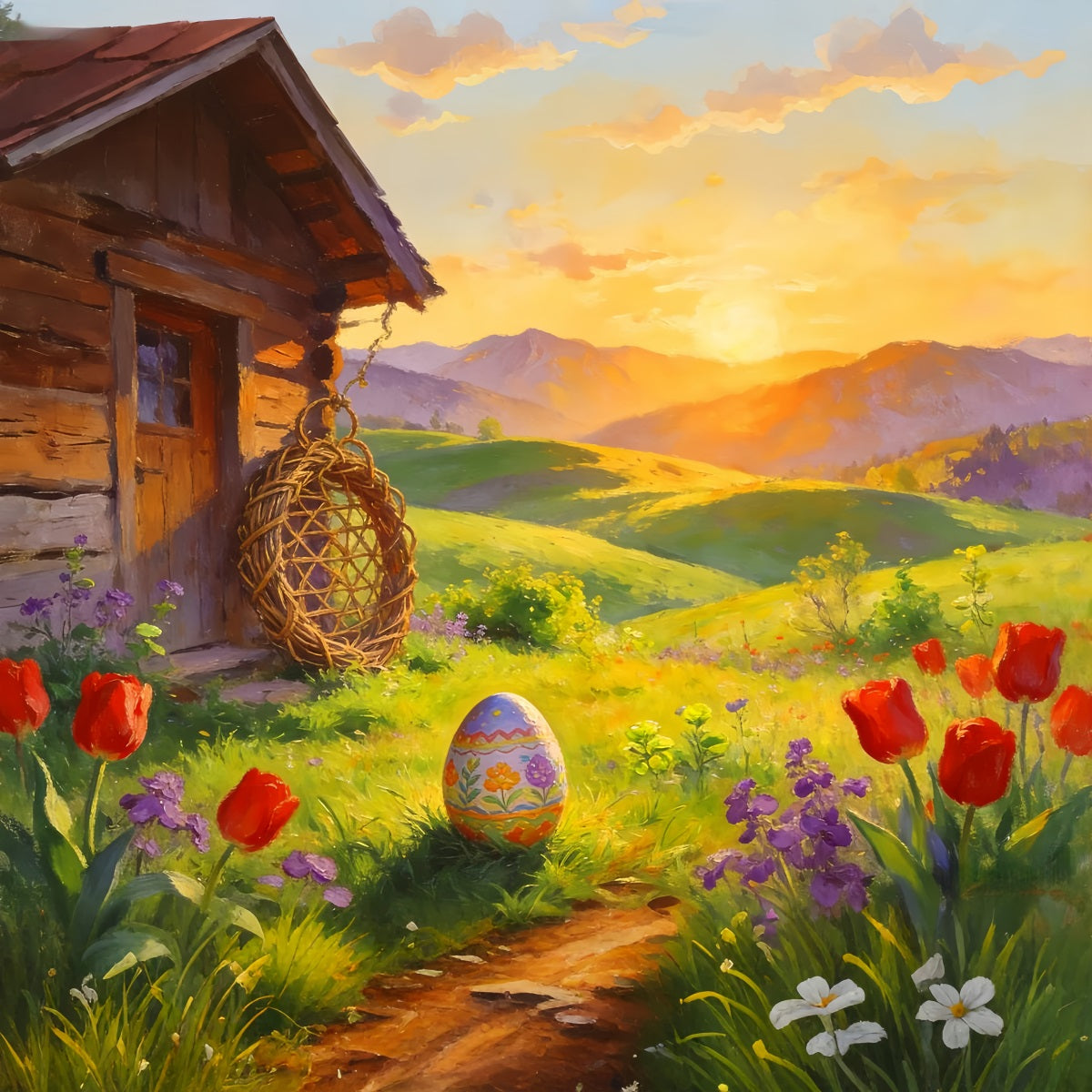 Easter Egg Hunt Backdrop Painted Cottag Sunrise Meadow Tulip Backdrop LXX512-106