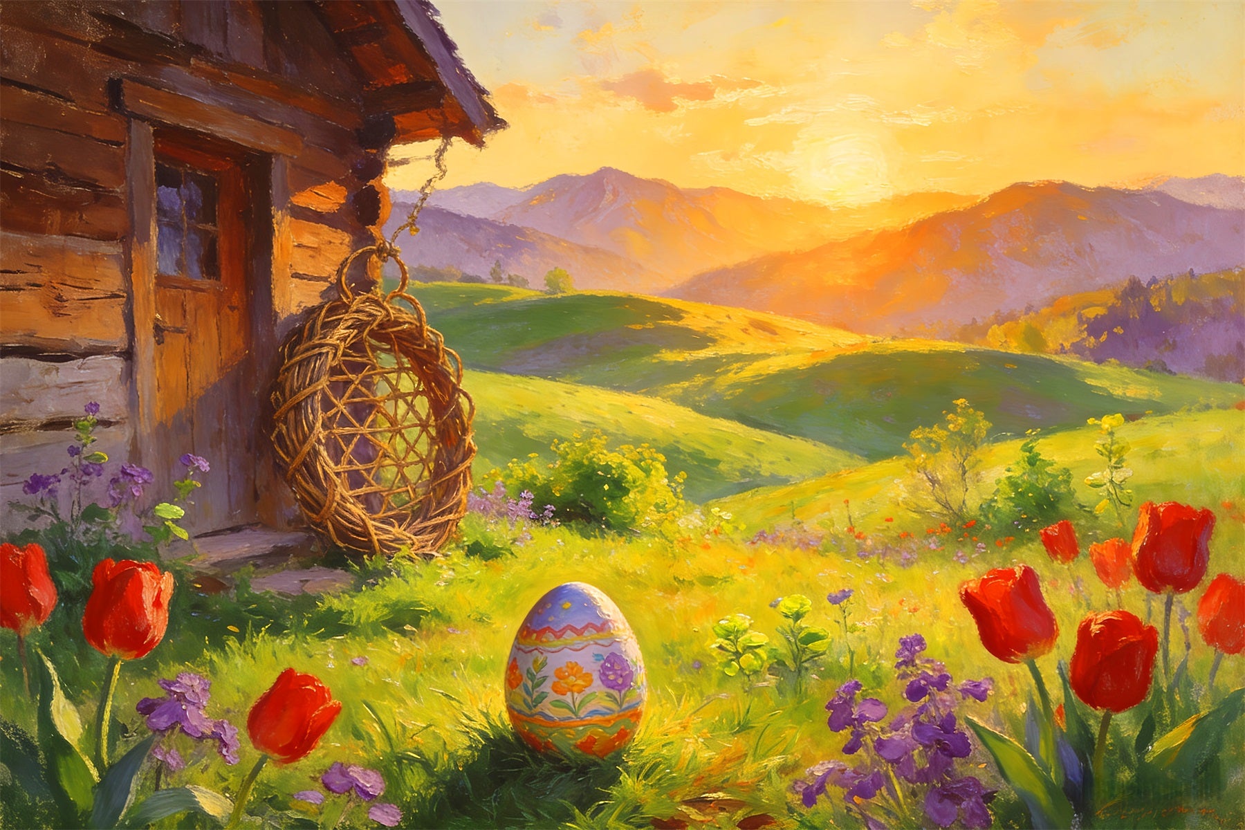 Easter Egg Hunt Backdrop Painted Cottag Sunrise Meadow Tulip Backdrop LXX512-106