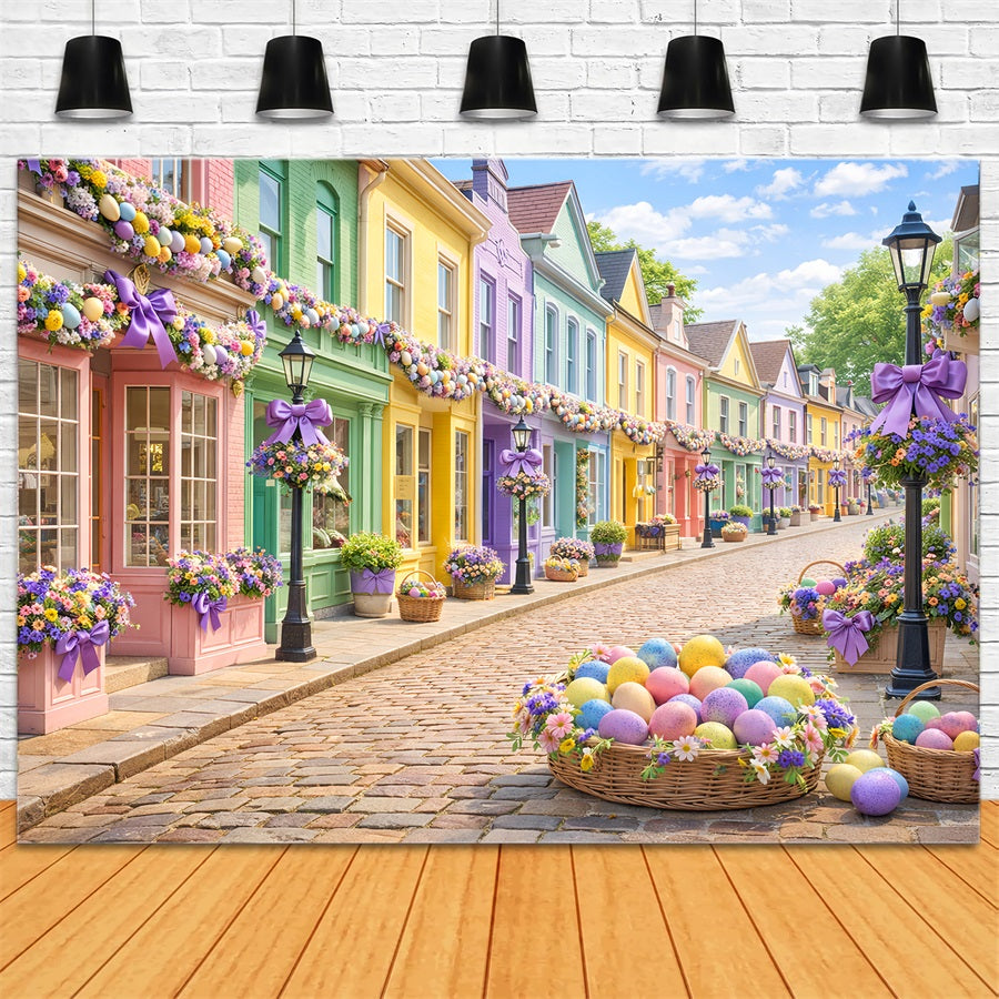 Easter Basket Backdrop Pastel Egg Village Street Easter Photo Backdrop LXX512-107