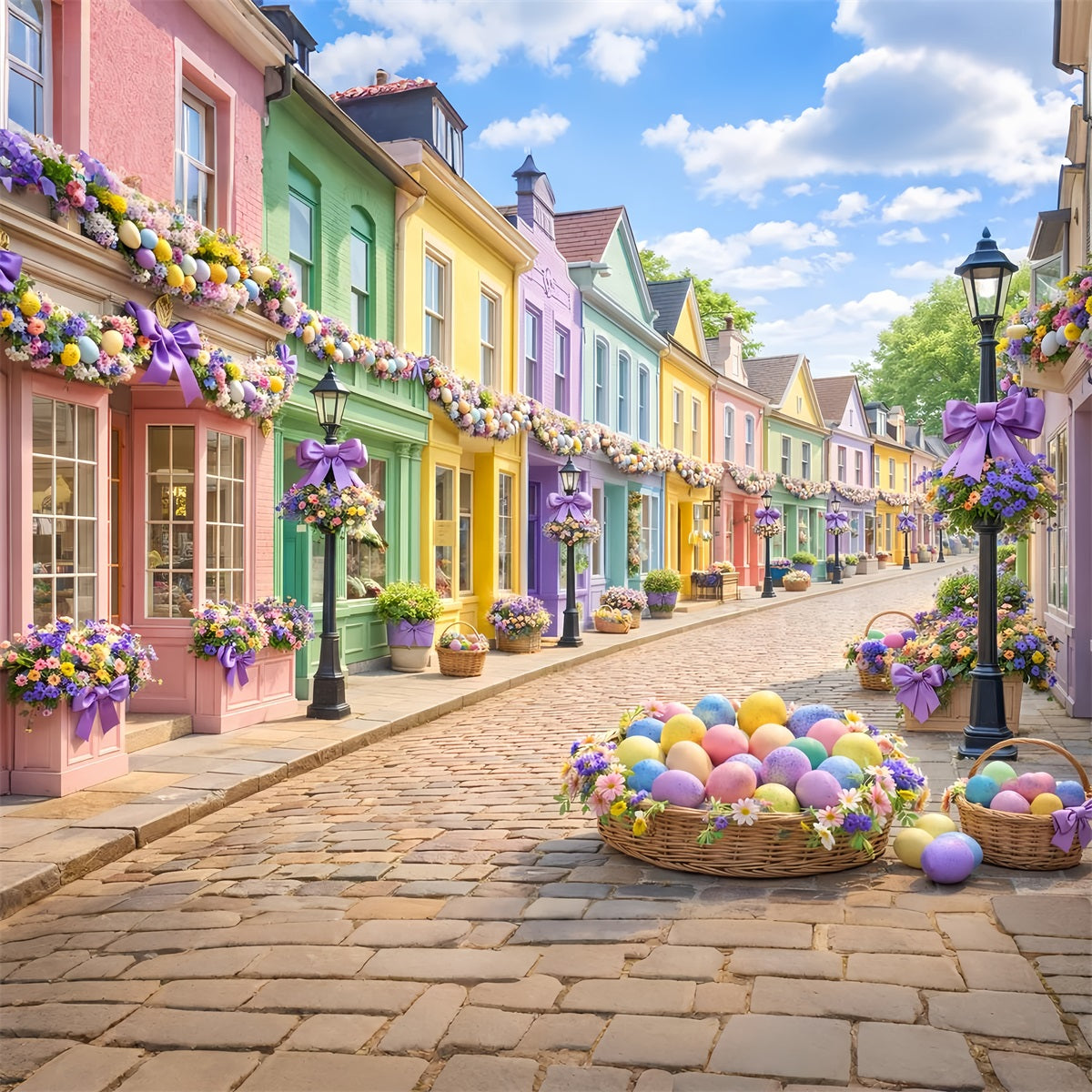 Easter Basket Backdrop Pastel Egg Village Street Easter Photo Backdrop LXX512-107