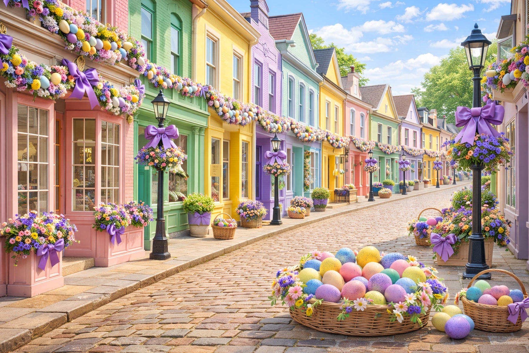 Easter Basket Backdrop Pastel Egg Village Street Easter Photo Backdrop