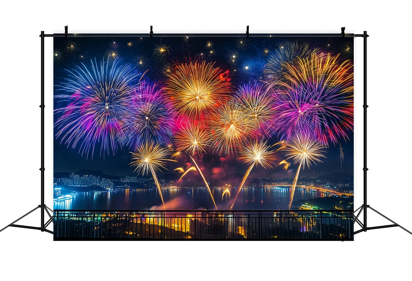 New Years Backdrop Vibrant Fireworks Harbor Panorama City Night Backdrop LXX512-11