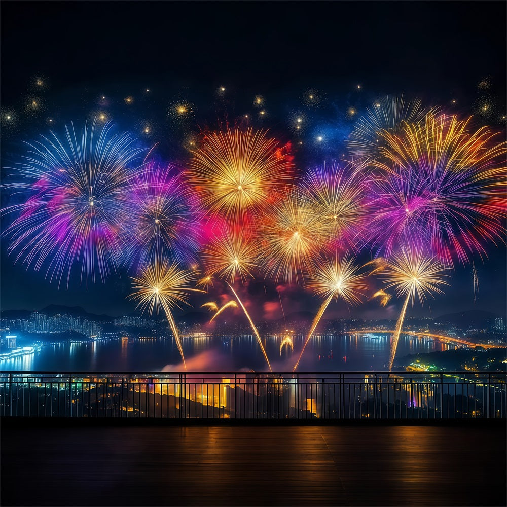 New Years Backdrop Vibrant Fireworks Harbor Panorama City Night Backdrop LXX512-11