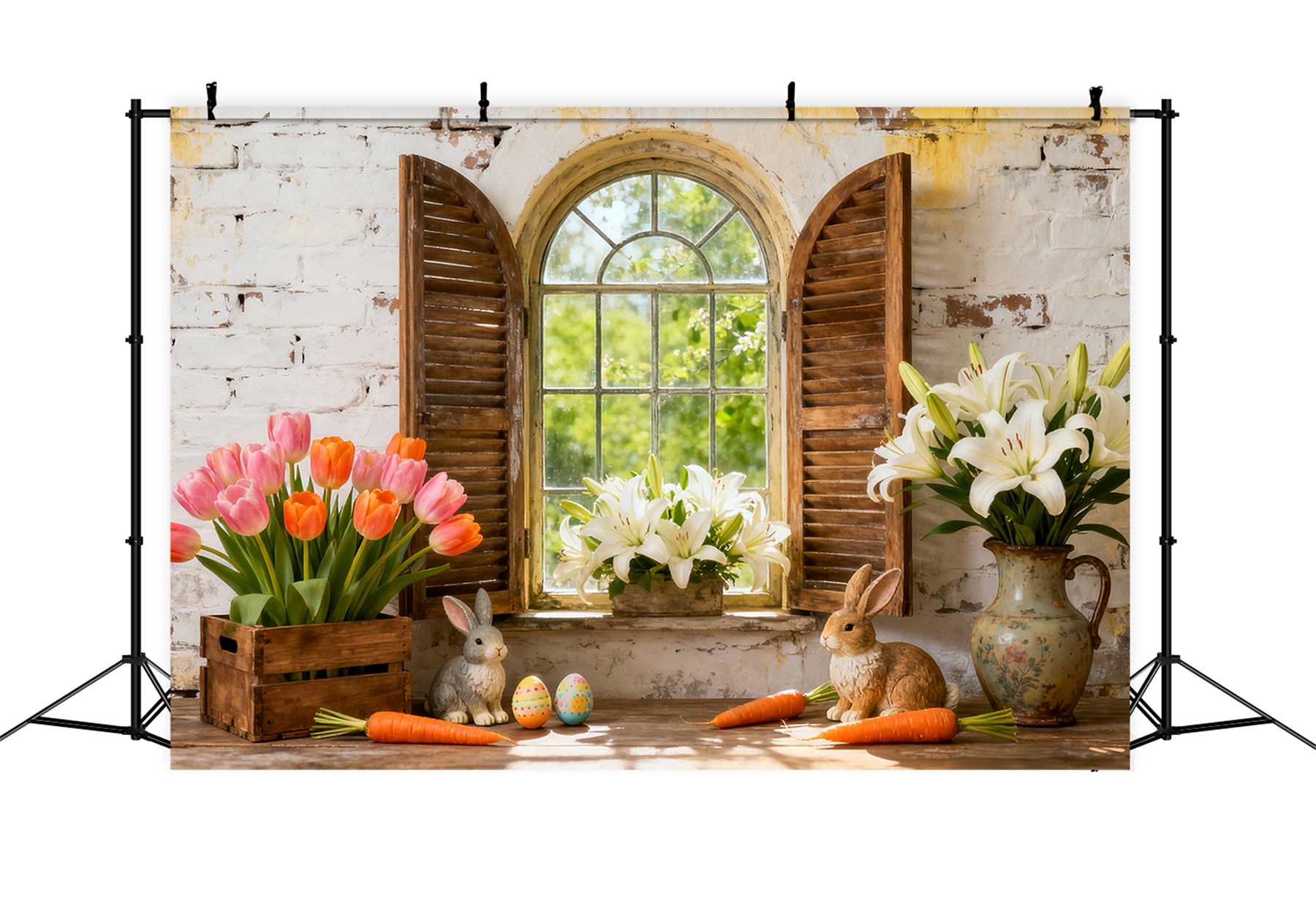 Easter Lily Backdrop Bunny Flowers Shutter Window Rustic Easter Backdrop LXX512-112