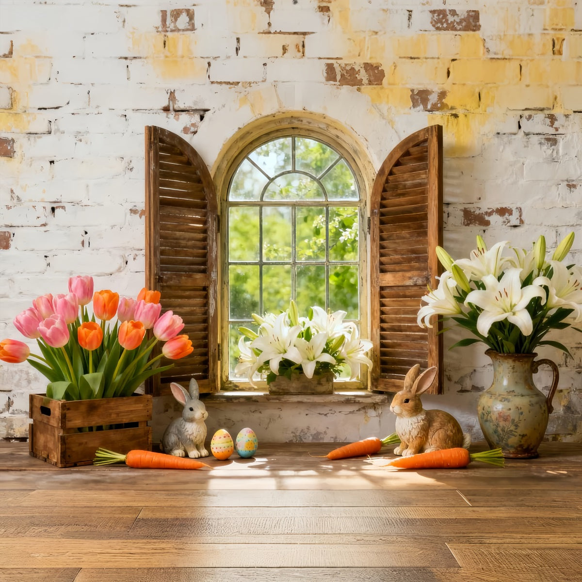 Easter Lily Backdrop Bunny Flowers Shutter Window Rustic Easter Backdrop LXX512-112