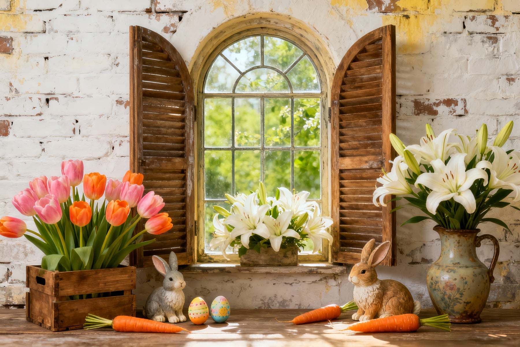 Easter Lily Backdrop Bunny Flowers Shutter Window Rustic Easter Backdrop LXX512-112